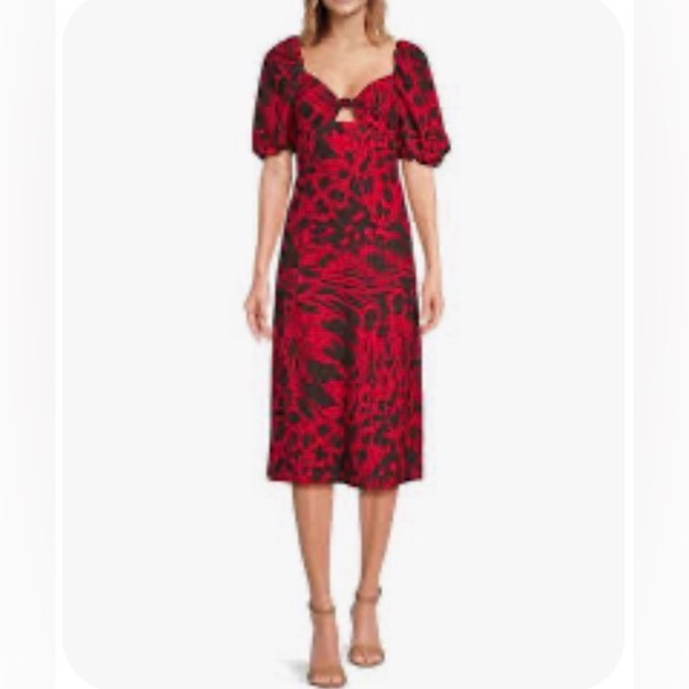Every Women’s size XL Puff Sleeve Midi Dress red & black festive linen boho - Picture 7 of 7
